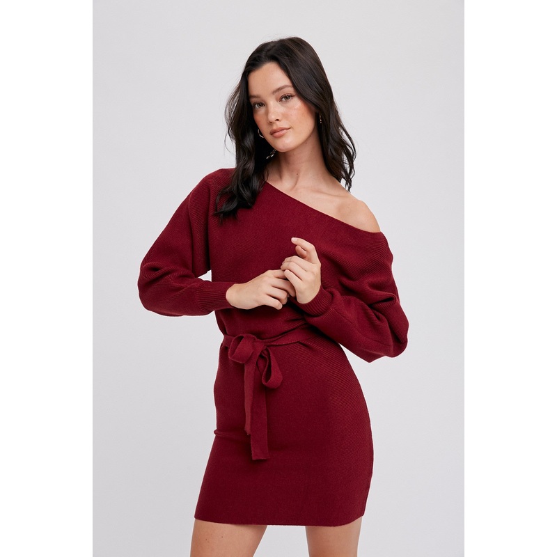 Wine Boatneck Sweater Dress
