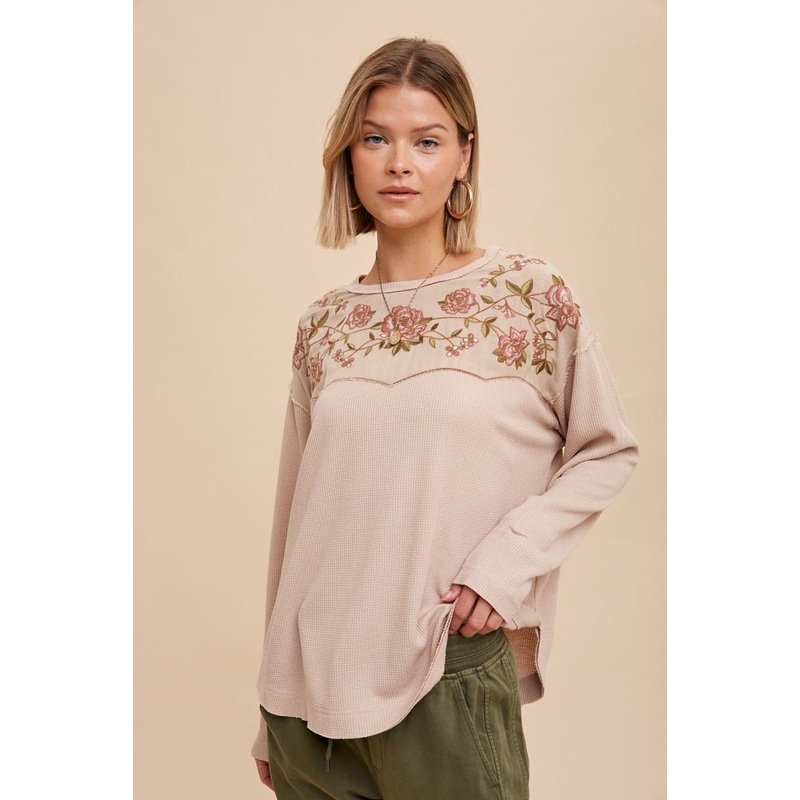 Almond Thermal Embroidered Yoke Top