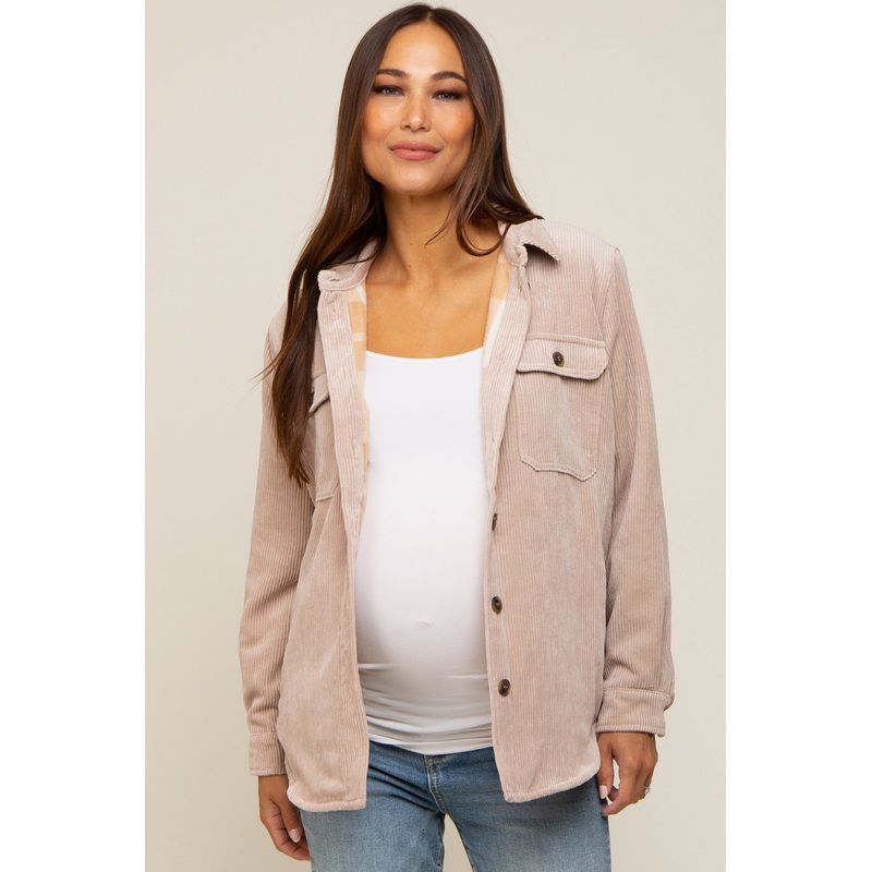Beige Corduroy Plaid Fleece Lined Button Down Maternity Shacket