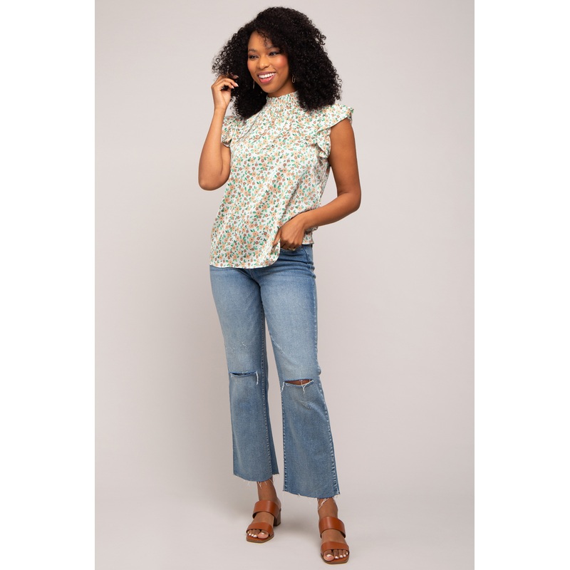 Beige Floral Satin Smocked Neck Blouse