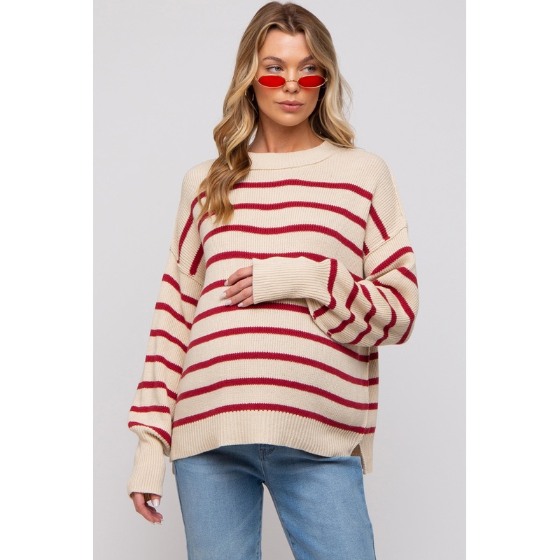 Beige Striped Long Sleeve Knit Maternity Sweater