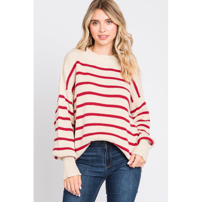 Beige Striped Long Sleeve Knit Sweater