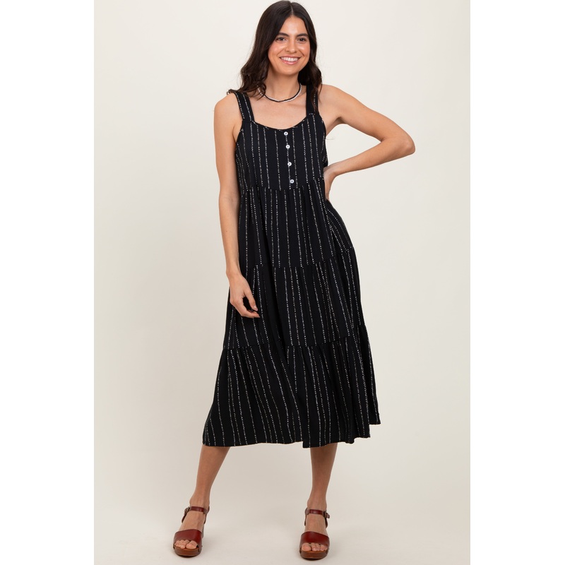 Black Dot Stripe Tiered Midi Dress