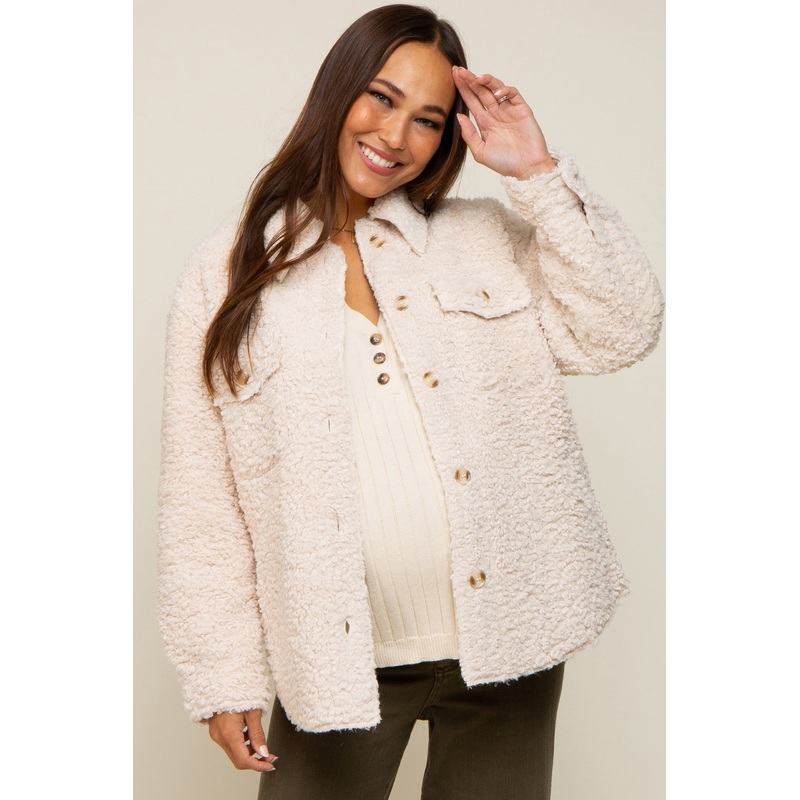 Cream Fuzzy Knit Maternity Shirt Jacket
