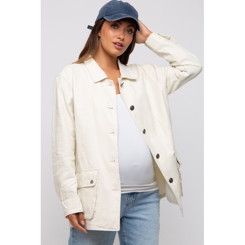 Ivory Front Pocket Collared Maternity Jacket