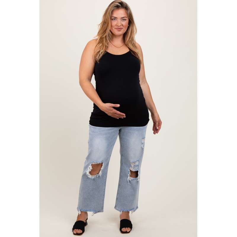 Light Blue Distressed Open Knee Straight Leg Maternity Plus Jeans
