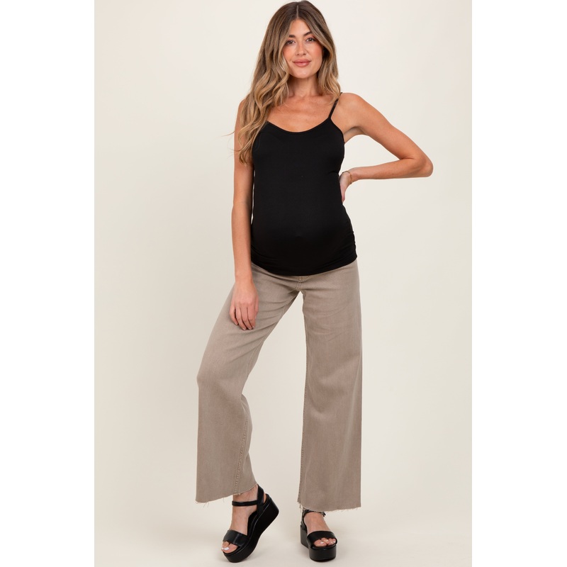 Light Taupe Raw Hem Wide Leg Maternity Jeans