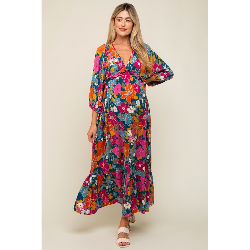 Teal Retro Floral V-Neck Ruffle Knit Maternity Maxi Dress
