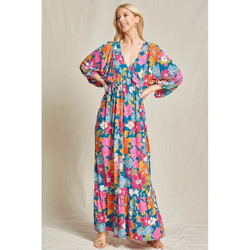 Teal Retro Floral V-Neck Ruffle Knit Maxi Dress