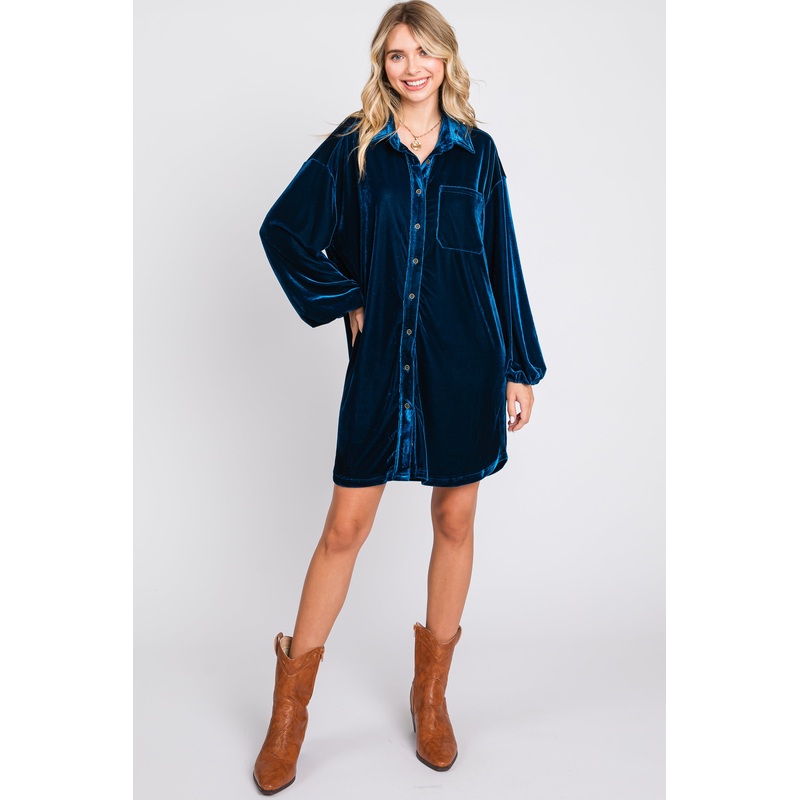 Teal Velour Button Up Long Sleeve Dress
