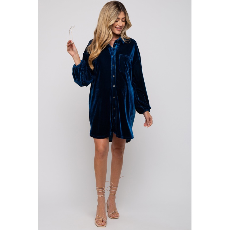 Teal Velour Button Up Long Sleeve Maternity Dress