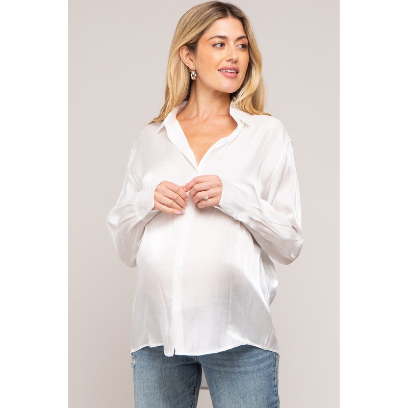 White Shimmer Satin Button Up Long Sleeve Maternity Blouse