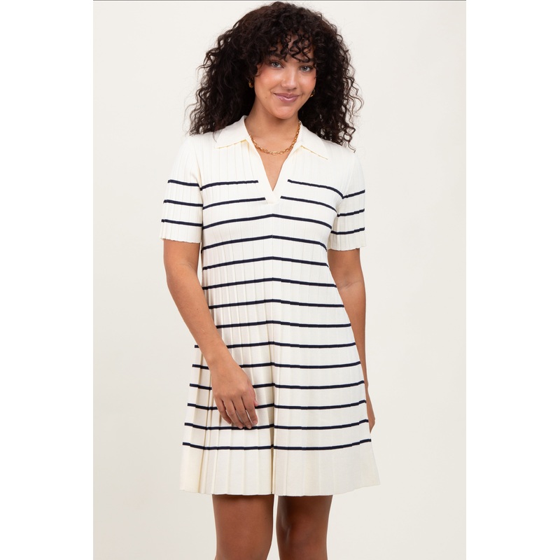 White Striped Knit Collared Pleated Dress