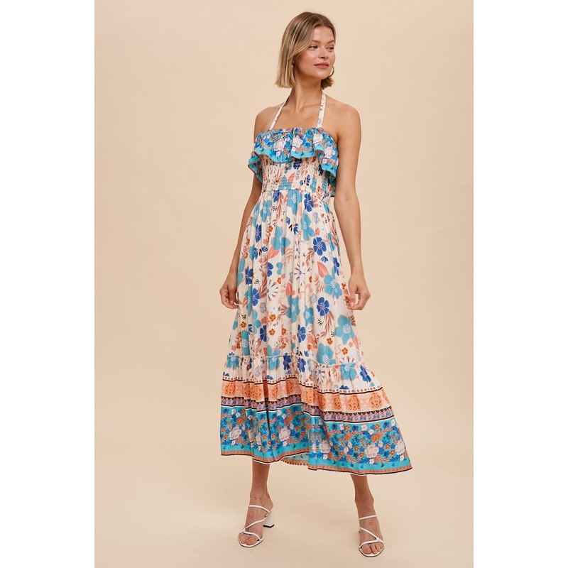 Aqua Flounced Border Print Smocked Midi