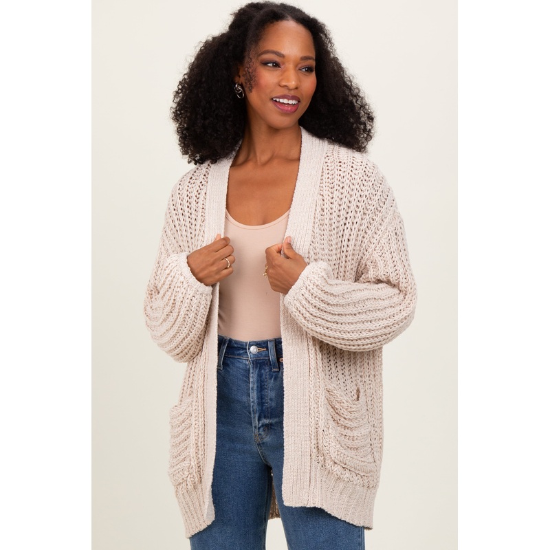 Beige Chunky Knit Oversized Pocket Cardigan