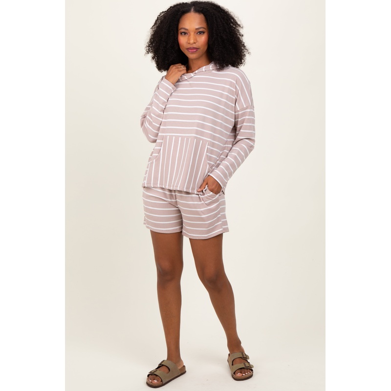 Beige Cozy Striped Ribbed Two-Piece Lounge Set