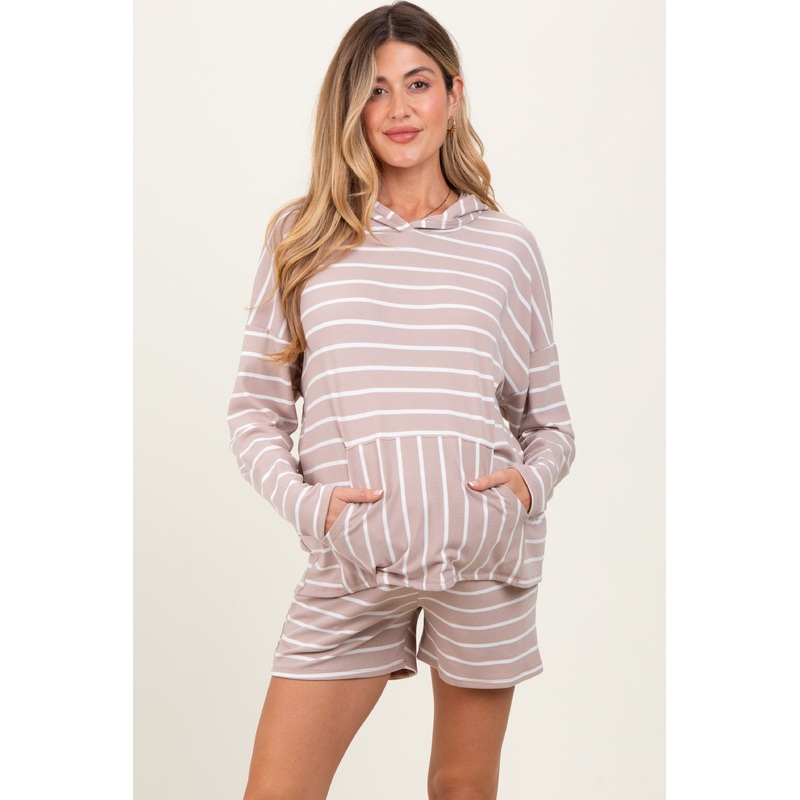Beige Cozy Striped Ribbed Two-Piece Maternity Lounge Set