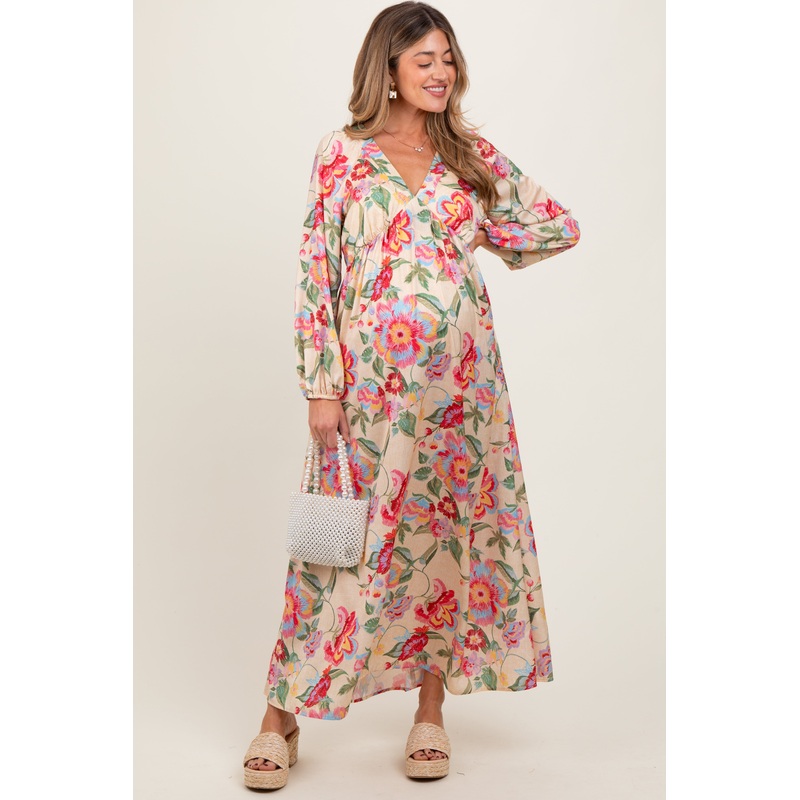 Beige Floral V-Neck Long Sleeve Maternity Maxi Dress