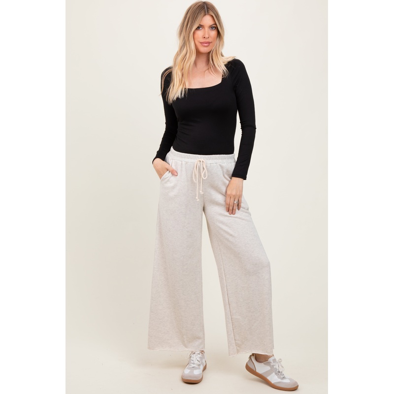 Beige French Terry Raw Edge Wide Leg Pants