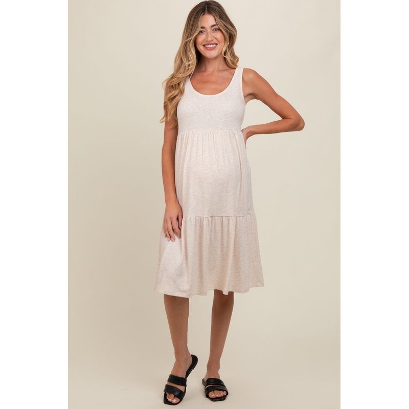 Beige Tiered Sleeveless Maternity Midi Dress