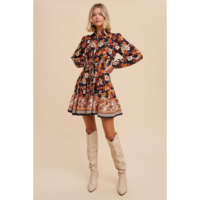 Black Border Print Floral Button Down Shirt Dress