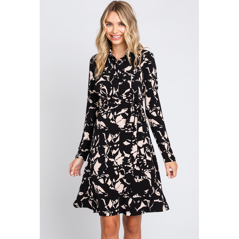 Black Button Front Side Tie Long Sleeve Dress