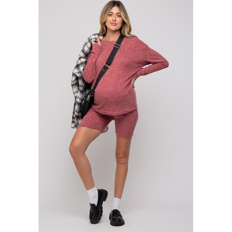 Burgundy Ribbed Long Sleeve Maternity Shorts Set