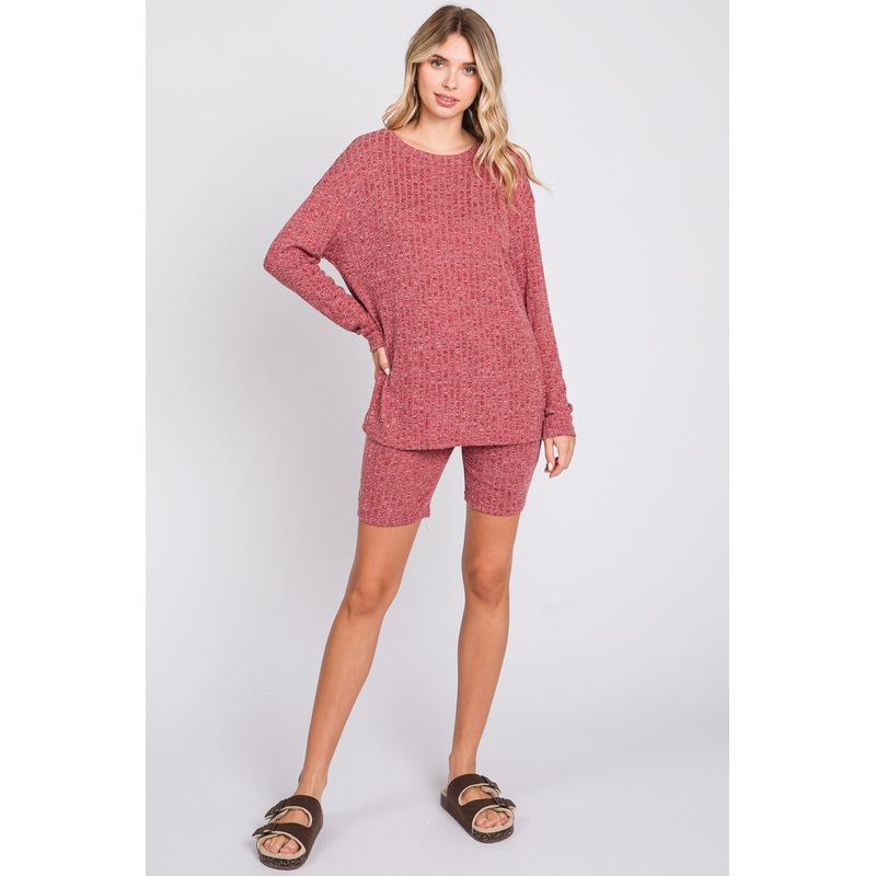 Burgundy Ribbed Long Sleeve Shorts Set