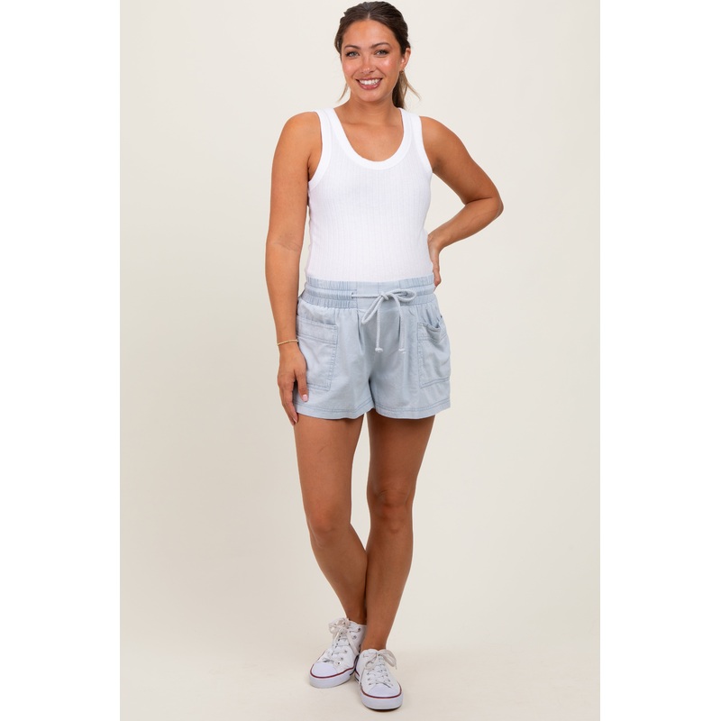 Light Blue Chambray Drawstring Front Pocket Maternity Shorts