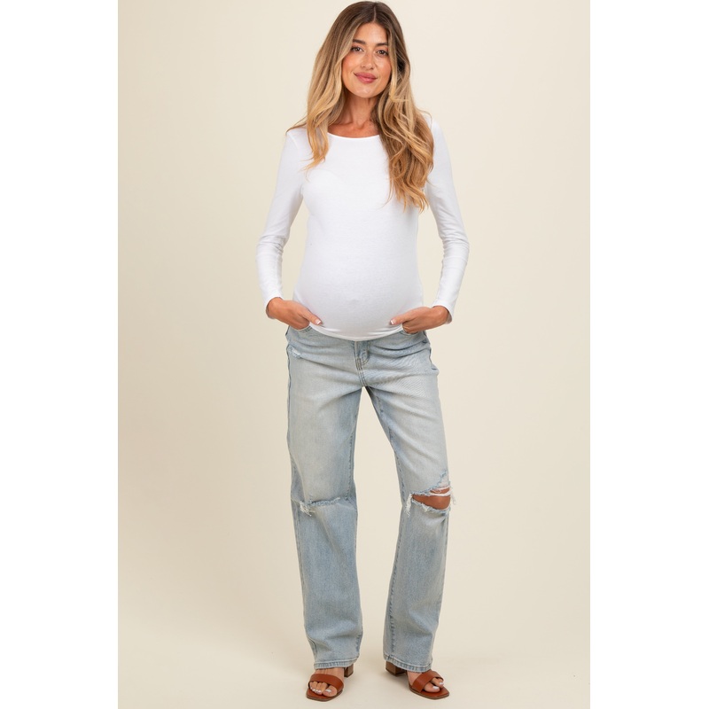 Light Blue Open Knee Relaxed Straight Leg Maternity Jeans