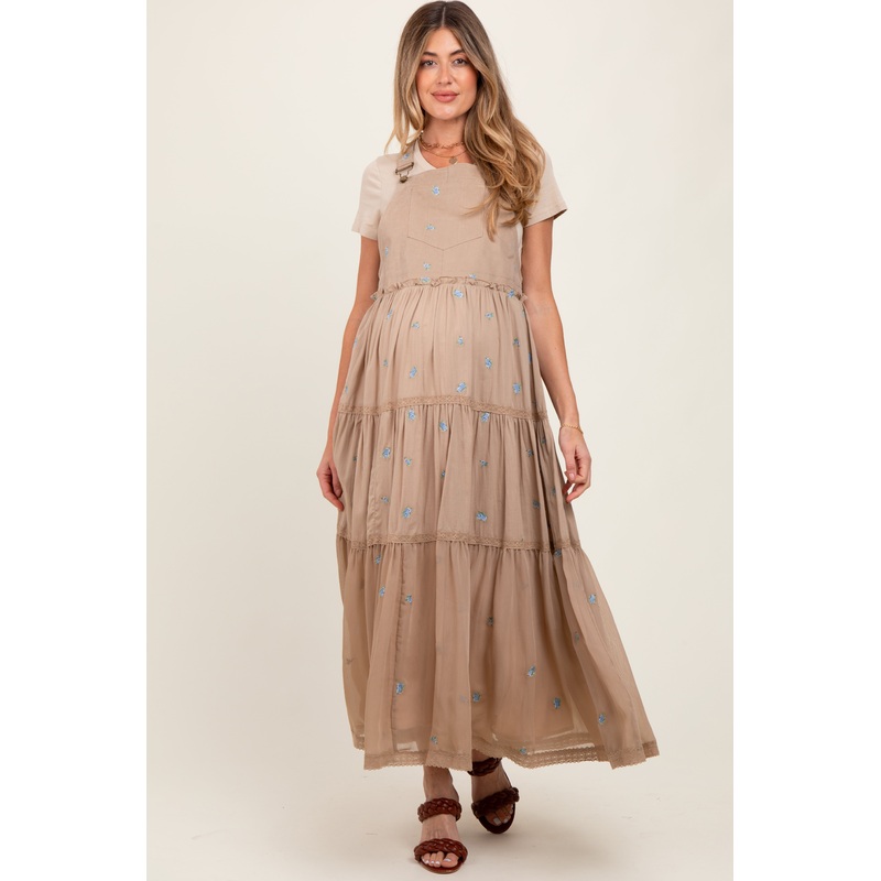 Light Taupe Embroidered Floral Maternity Skirtall