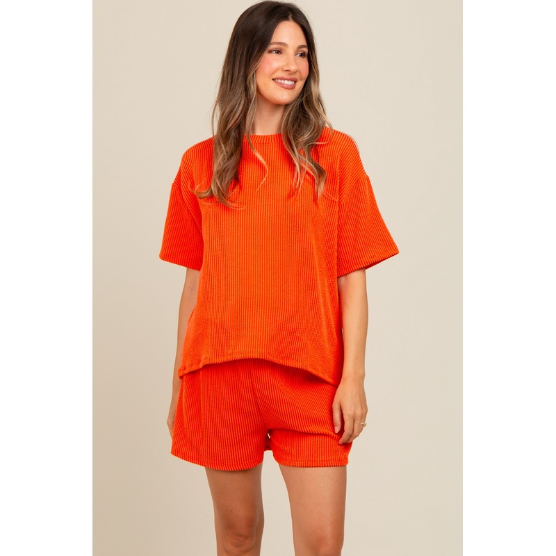 Orange Ribbed Maternity Shorts Set