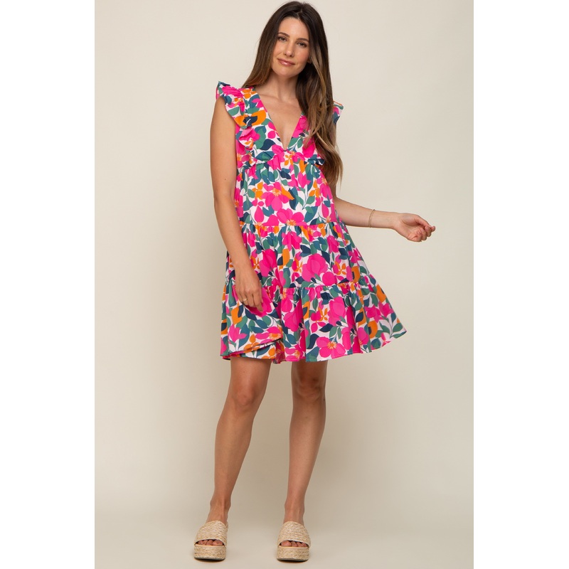 White Floral V-Neck Ruffle Shoulder Tiered Maternity Dress
