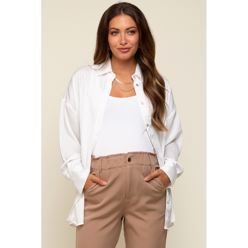 White Striped Silky Maternity Button Down Blouse