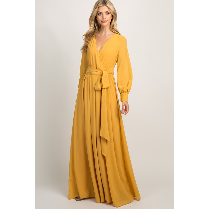 Yellow Chiffon Long Sleeve Pleated Maxi Dress