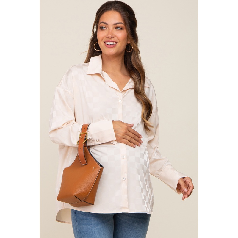 Beige Checkered Satin Button Up Maternity Top