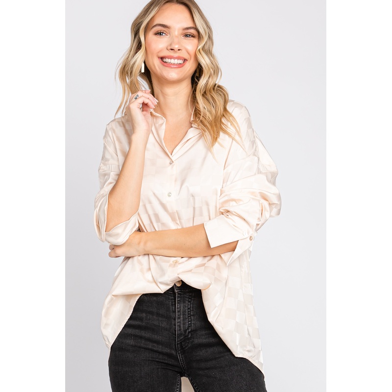Beige Checkered Satin Button Up Top