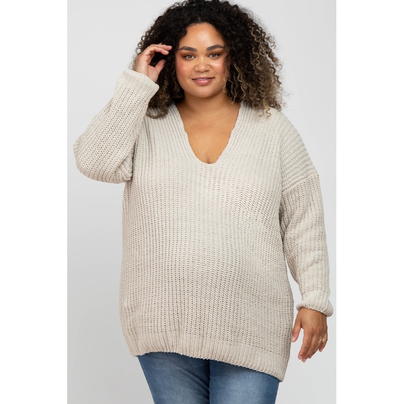 Beige Chenille Knit V-Neck Maternity Plus Sweater