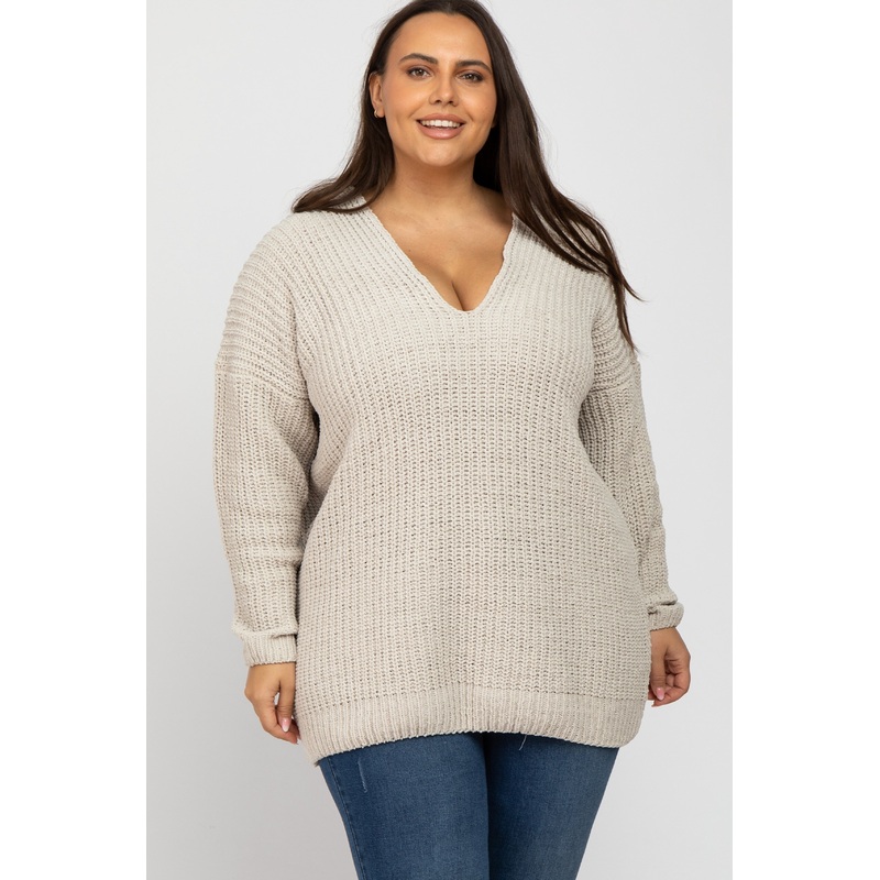 Beige Chenille Knit V-Neck Plus Sweater