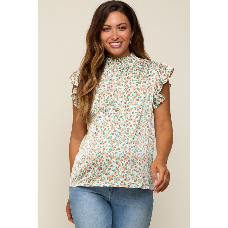 Beige Floral Satin Smocked Neck Maternity Blouse