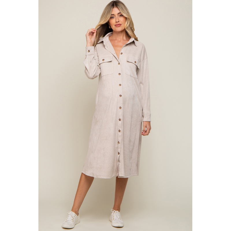Beige Knit Corduroy Button Down Maternity Midi Dress