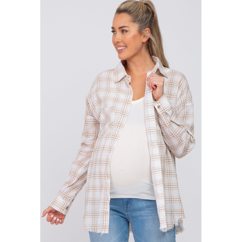 Beige Linen Plaid Button Down Maternity Top