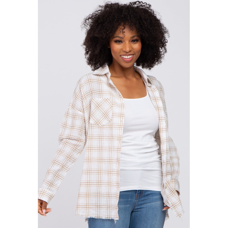 Beige Linen Plaid Button Down Top