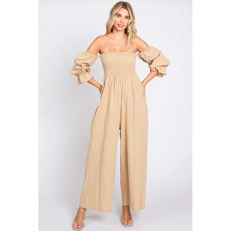Beige Linen Smocked Off Shoulder Wide Leg Jumpsuit