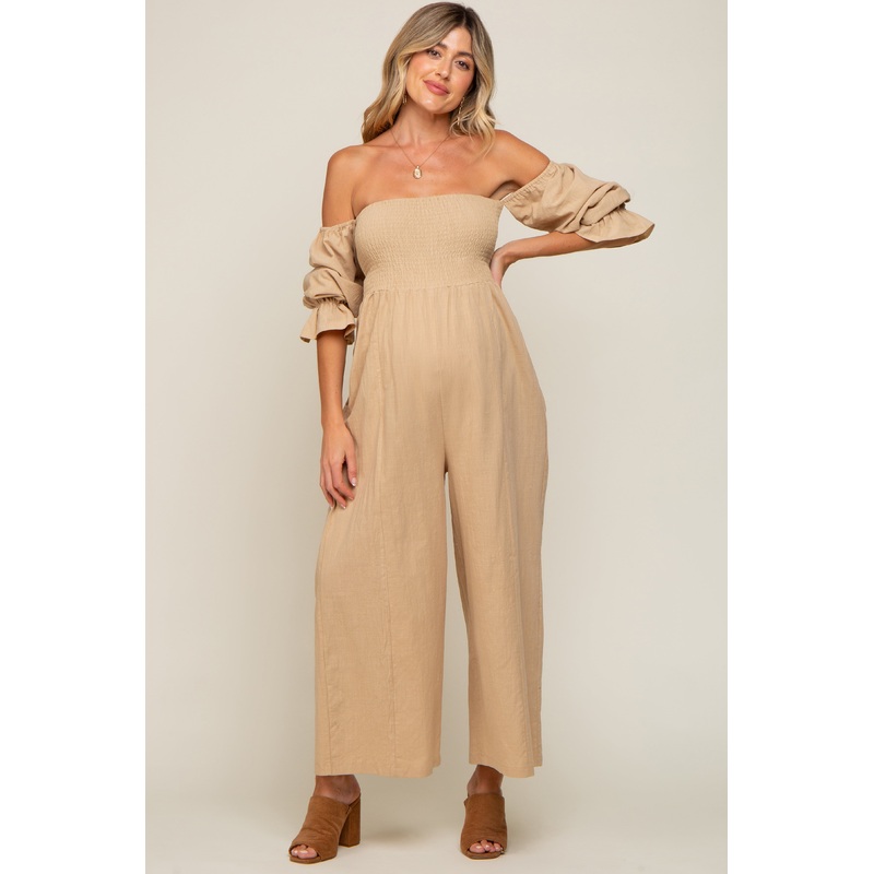 Beige Linen Smocked Off Shoulder Wide Leg Maternity Jumpsuit