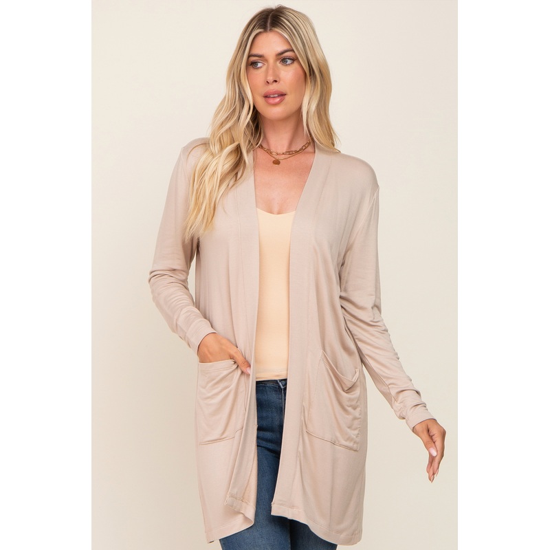 Beige Open Front Side Pocket Cardigan