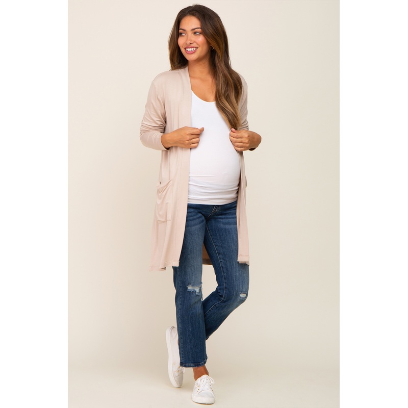 Beige Open Front Side Pocket Maternity Cardigan