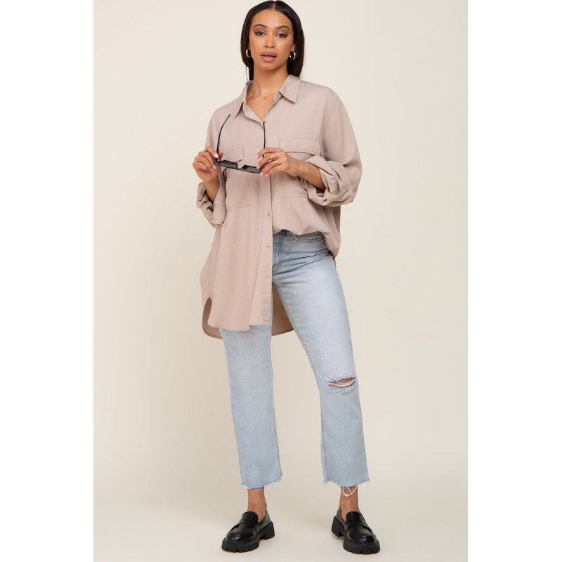 Beige Oversized Button Down Blouse