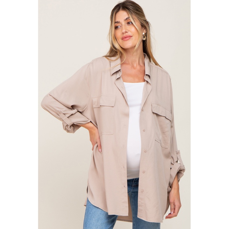 Beige Oversized Maternity Button Down Blouse