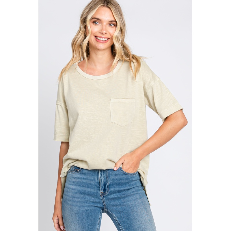 Beige Raw Hem Front Pocket T-Shirt